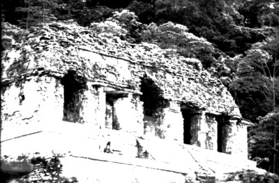 Hombres restauran el último cuerpo del basamento del Templo de las Inscripciones, Palenque