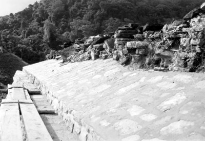 Detalle del techo del Templo de las Inscripciones durante su reconstrucción