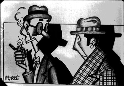 Hombres encendiendo un cigarro ante la mirada de otro, caricatura
