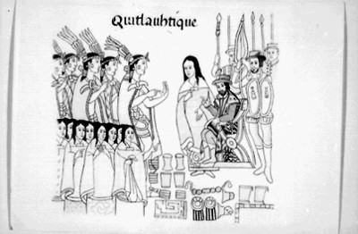 Lámina lienzo de Tlaxcala con Hernán Cortés y la Malinche acompañados de indígenas, reprografía
