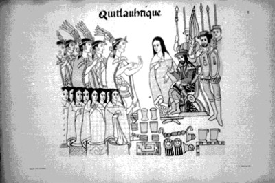 Lienzo de Tlaxcala, con Hernán Cortés y la Malinche acompañados de indígenas, reprografía