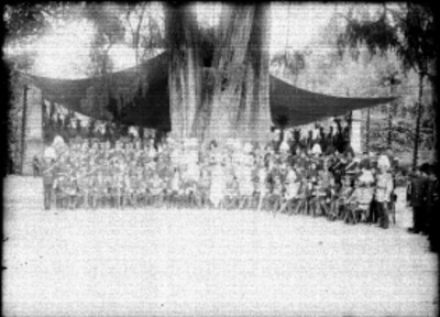Porfirio Díaz rodeado de militares bajo un árbol, retrato de grupo