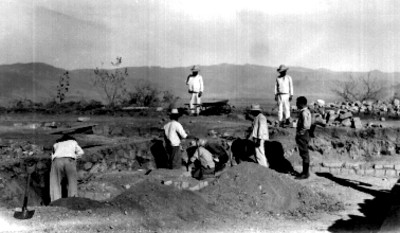Hombres durante trabajos de excavación, vista parcial