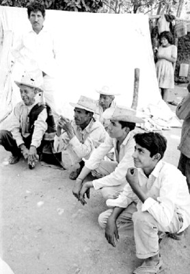 Cañeros fuman y beben en un campamento