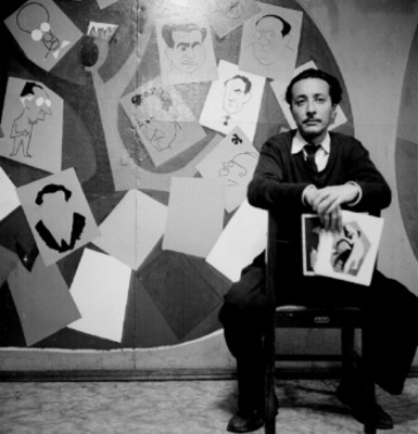 Caricaturista sentado en una silla, retrato
