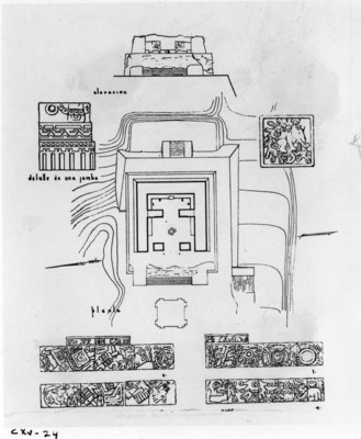 Plano de "Tepozteco, planta, fachada y relieves", reprografía bibliográfica