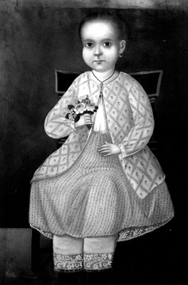 Niña con flores sentada en una silla, retrato al óleo, reproducción