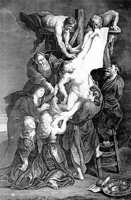 Descendimiento de Cristo. Pintura de Rubens, grabado