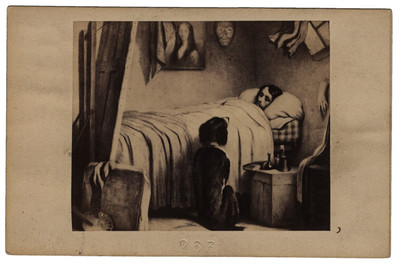 Pintura con la escena de un perro junto a la cama de su amo, reprografía