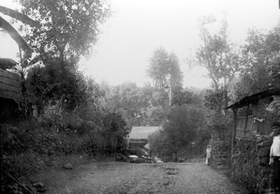 Vista de un camino delimitado por casas rústicas