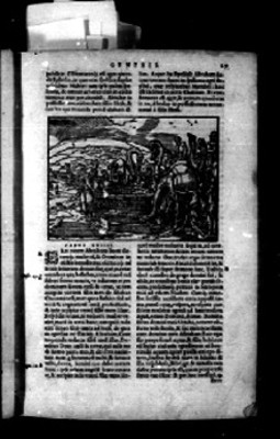 Pasaje de la Biblia Sacra, Génesis, textos en latín e ilustración alusiva