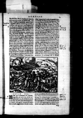 Pasaje bíblico sobre el Génesis en Biblia Sacra, textos en latín e ilustración