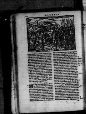 Textos en latín e ilustración alusiva al Génesis, Biblia Sacra