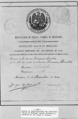 Boleta de calificaciones del Instituto Hijos de Hidalgo de Miraflores