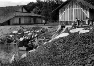 Mujeres y niños del Istmo cerca de un río