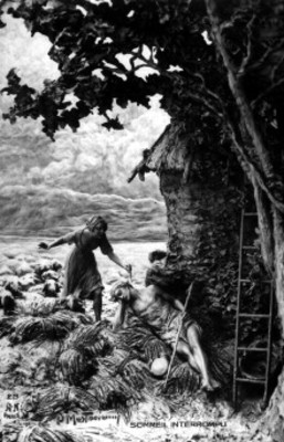 Figuras de hombre y mujer junto a rebaño en paisaje boscoso