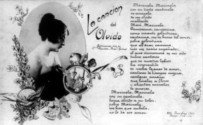 Tarjeta postal con letra de una canción e ilustrada por retrato