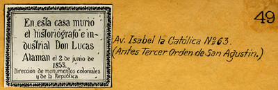 Placa en Av. Isabel la Católica N° 63