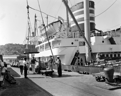 Trabajadoares y carros-plataforma junto a un barco en el embarcadero del puerto de Acapulco
