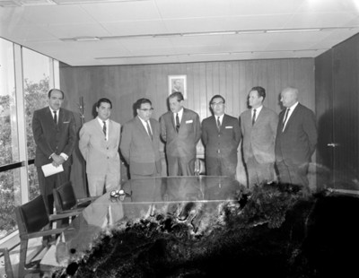 Empresarios en oficina durante reunión, retrato de grupo