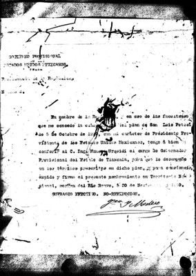 Nombramiento extendido por Francisco I. Madero a Manuel Urquidi, designándolo gobernador provisional de Tlaxcala