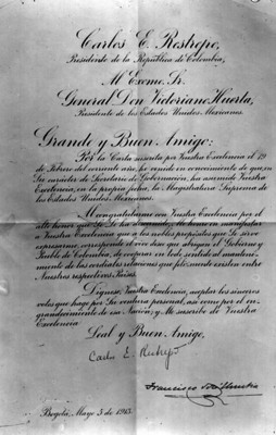 Reconocimiento del gobierno colombiano al gobierno de Victoriano Herta
