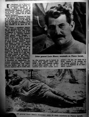 Página de periódico sobre el asesinato de Lucio Blanco