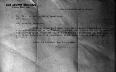 Carta de Luis Aguirre Benavides a su hernano Adrián Aguirre Benavides