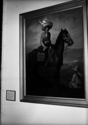 Emiliano Zapata en su caballo y campesino sentado, pintura de caballete, reprografía