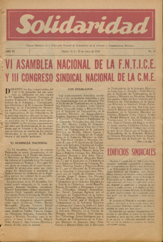 Solidaridad. Órgano Quincenal de la Federación Nacional de Trabajadores de la Industria y Comunicaciones Eléctricas Núm. 69 Primera época (1959) enero