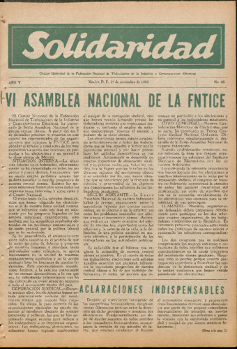 Solidaridad. Órgano Quincenal de la Federación Nacional de Trabajadores de la Industria y Comunicaciones Eléctricas Núm. 68 Primera época (1958) noviembre