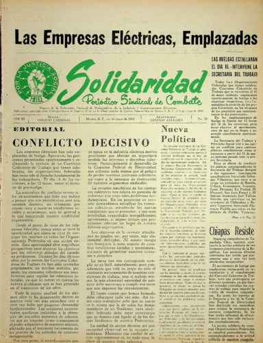 Solidaridad. Periódico Sindical de Combate.Órgano de la Federación Nacional de Trabajadores de la Industria y Comunicaciones Eléctricas Núm. 28 Primera época (1956) junio