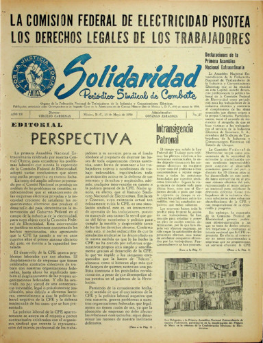 Solidaridad. Periódico Sindical de Combate.Órgano de la Federación Nacional de Trabajadores de la Industria y Comunicaciones Eléctricas Núm. 27 Primera época (1956) mayo