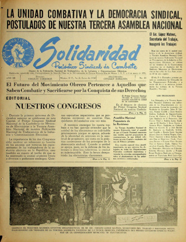 Solidaridad. Periódico Sindical de Combate.Órgano de la Federación Nacional de Trabajadores de la Industria y Comunicaciones Eléctricas Núm. 23 Primera época (1956) enero