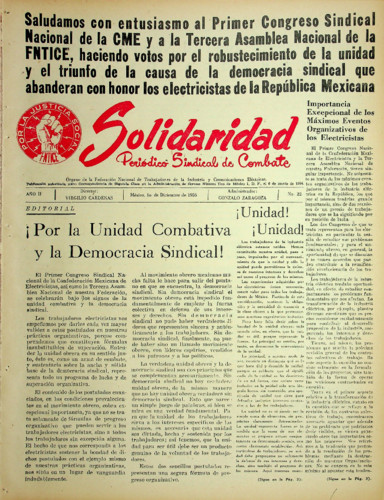Solidaridad. Periódico Sindical de Combate.Órgano de la Federación Nacional de Trabajadores de la Industria y Comunicaciones Eléctricas Núm. 22 Primera época (1955) diciembre
