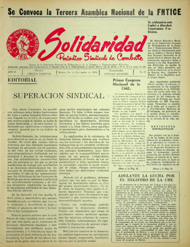 Solidaridad. Periódico Sindical de Combate.Órgano de la Federación Nacional de Trabajadores de la Industria y Comunicaciones Eléctricas Núm. 21 Primera época (1955) noviembre