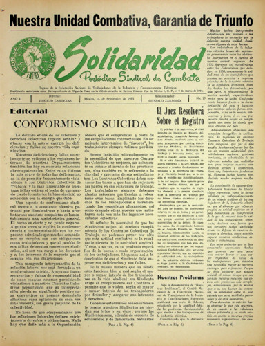Solidaridad. Periódico Sindical de Combate.Órgano de la Federación Nacional de Trabajadores de la Industria y Comunicaciones Eléctricas Núm. 19 Primera época (1955) septiembre