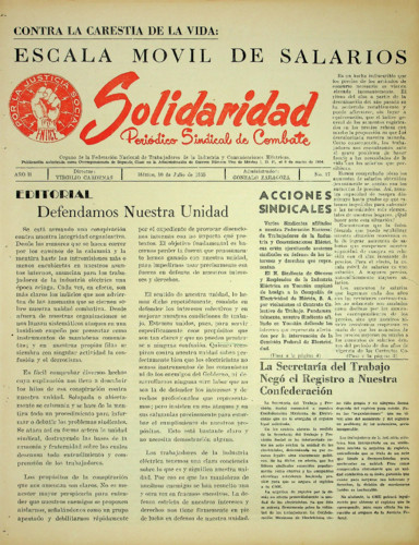 Solidaridad. Periódico Sindical de Combate.Órgano de la Federación Nacional de Trabajadores de la Industria y Comunicaciones Eléctricas Núm. 17 Primera época (1955) julio
