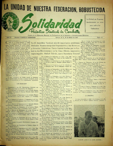 Solidaridad. Periódico Sindical de Combate.Órgano de la Federación Nacional de Trabajadores de la Industria y Comunicaciones Eléctricas Núm. 11 Primera época (1955) enero