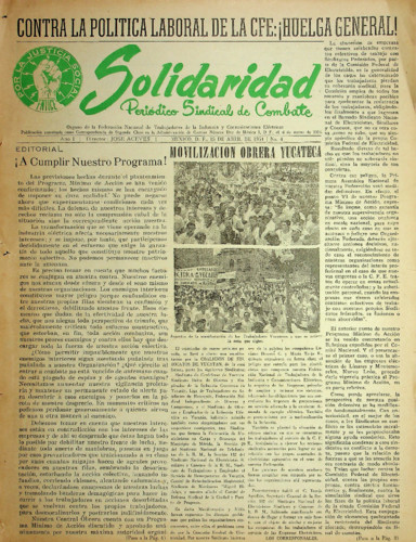 Solidaridad. Periódico Sindical de Combate.Órgano de la Federación Nacional de Trabajadores de la Industria y Comunicaciones Eléctricas Núm. 4 Primera época (1954) abril