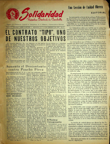 Solidaridad. Periódico Sindical de Combate.Órgano de la Federación Nacional de Trabajadores de la Industria y Comunicaciones Eléctricas Núm. 2 Primera época (1954) febrero