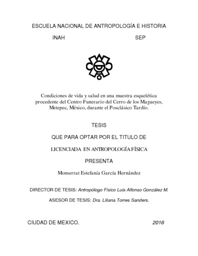 Condiciones de vida y salud en una muestra esquelética procedente del  centro funerario del cerro de los magueyes, Metepec, México, durante el  posclásico tardío