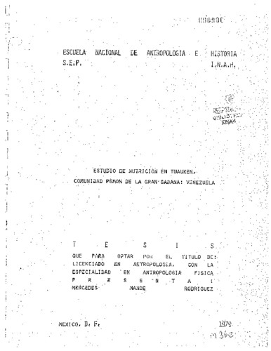 Estudios de nutrición en Tuauken, comunidad pemon de la Gran Sabana: Venezuela