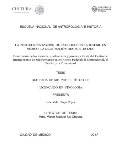 La institucionalización de la delincuencia juvenil en México : la legitimación desde el estado. Descripción de los menores y jóvenes a través del Centro de Internamiento de San Fernando en el Distrito Federal: la correccional, el titular y la comunidad
